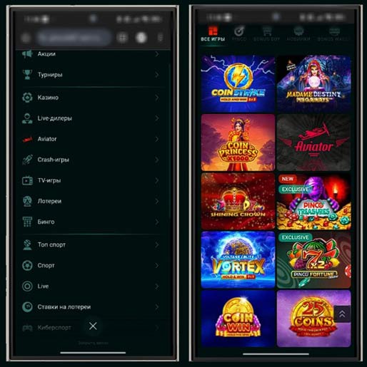 Каталог развлечений в Pinco Casino